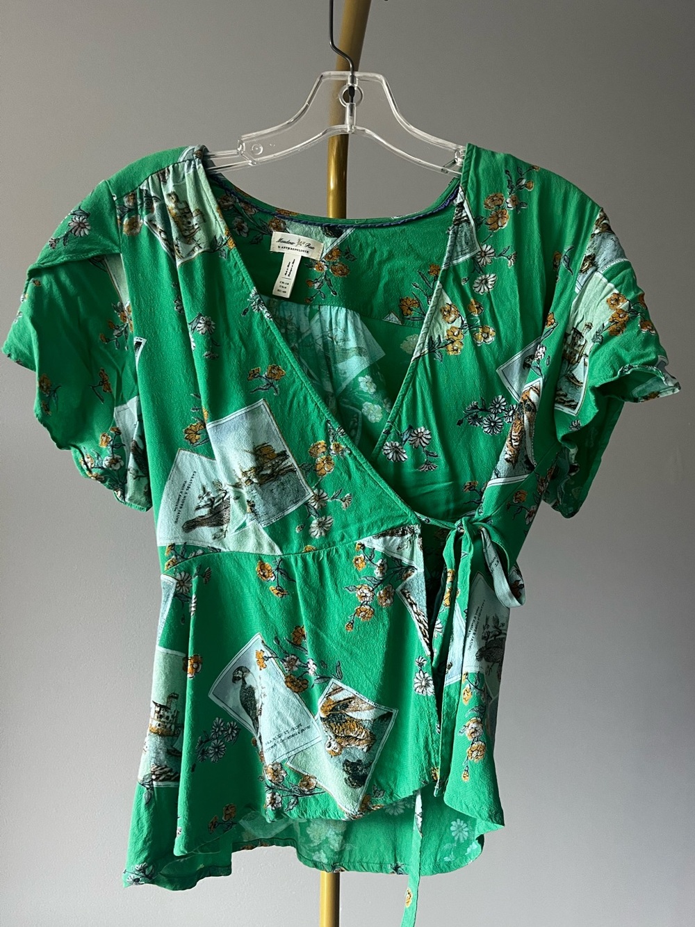 Anthropologie Green Floral Wrap Blouse with Tie